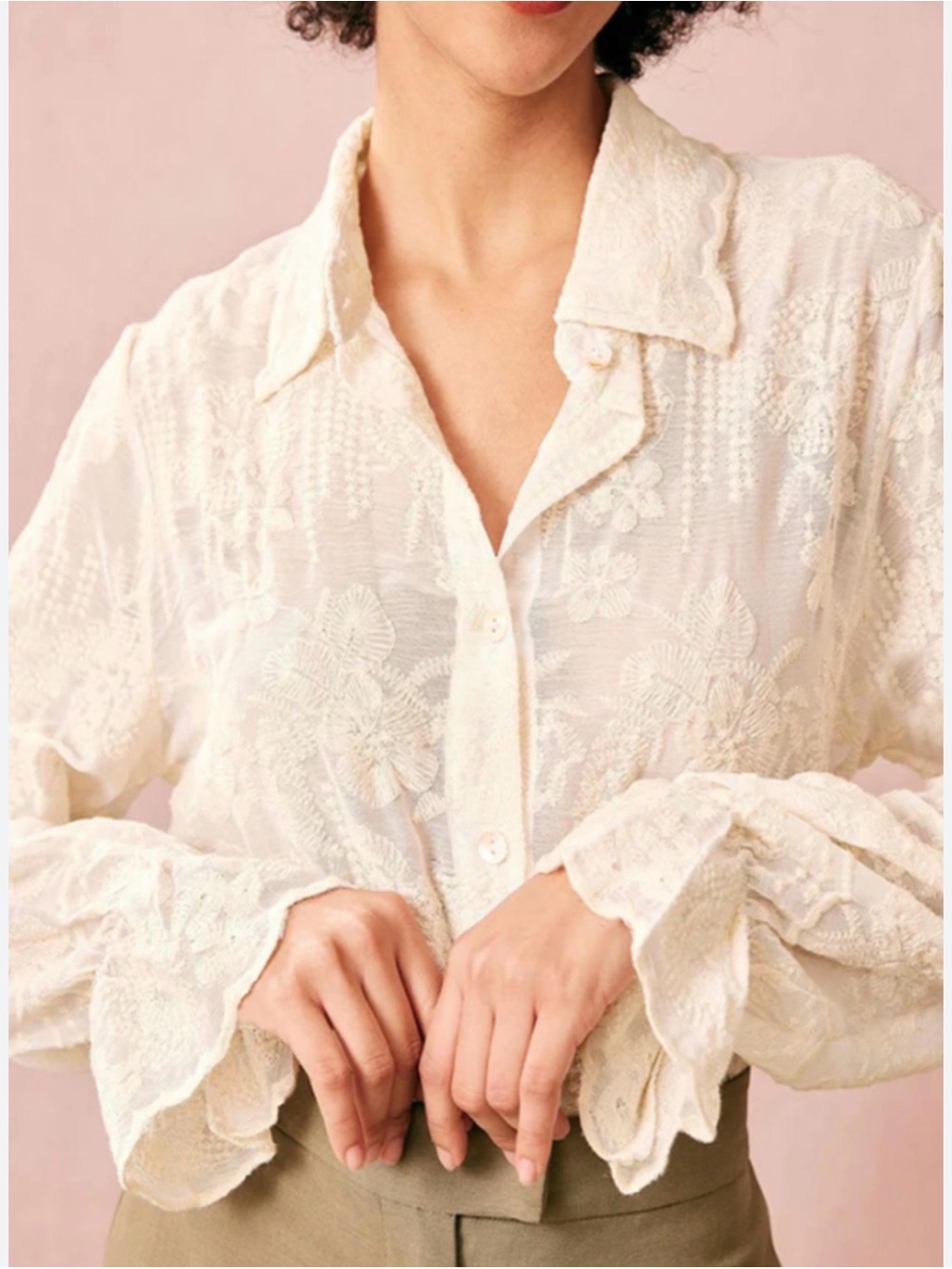 RIHOAS Cream Lace Floral Button-Front Blouse